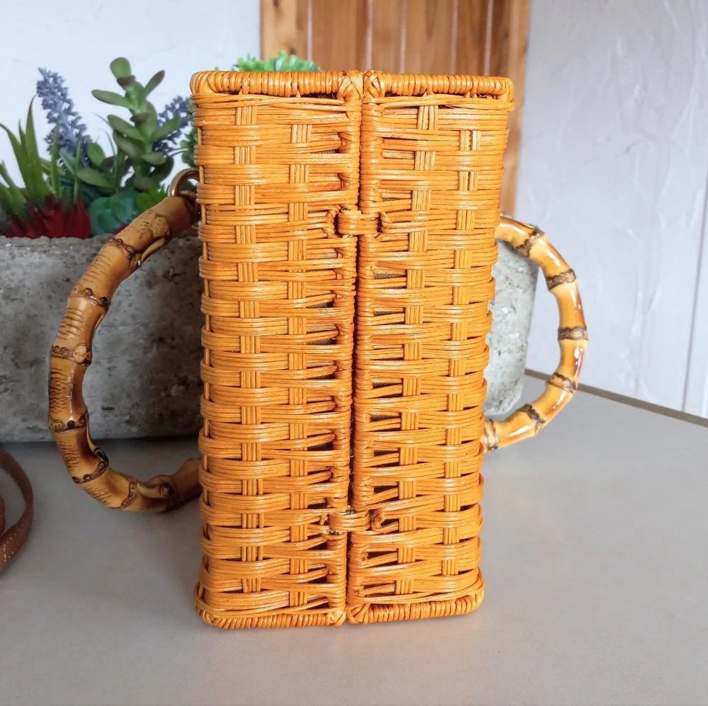 Serpui Paola Wicker Bag with Bamboo handles & strap. MSRP $398